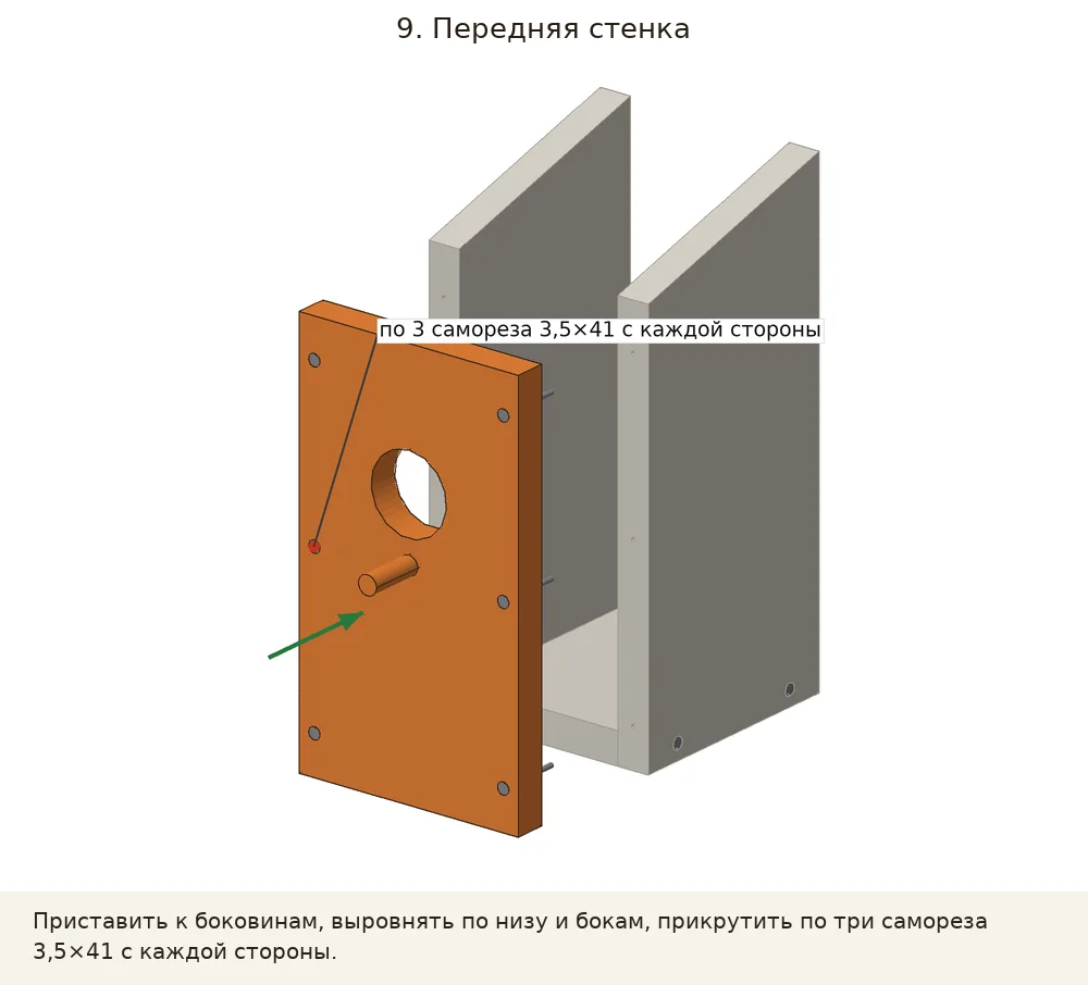 Передняя стенка: Приставить к боковинам, выровнять по низу и бокам, прикрутить по три самореза 3,5×41 с каждой стороны.